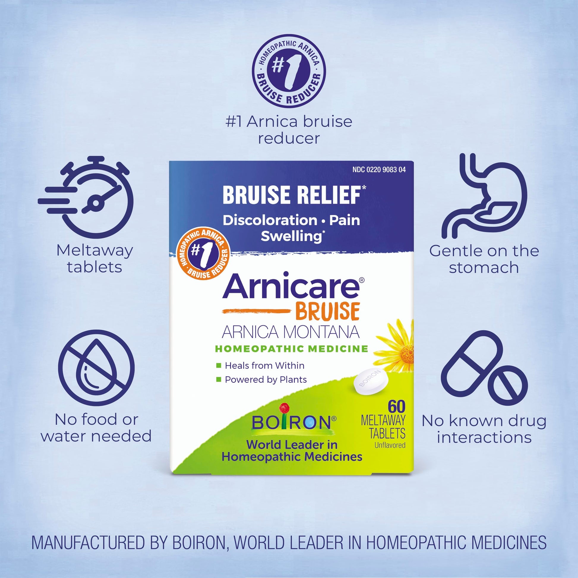 Boiron Arnicare Bruise for Relief of Pain or Swelling from Injuries, and Discoloration of Bruises - 60 Tablets BoironBuy Supplements Australia