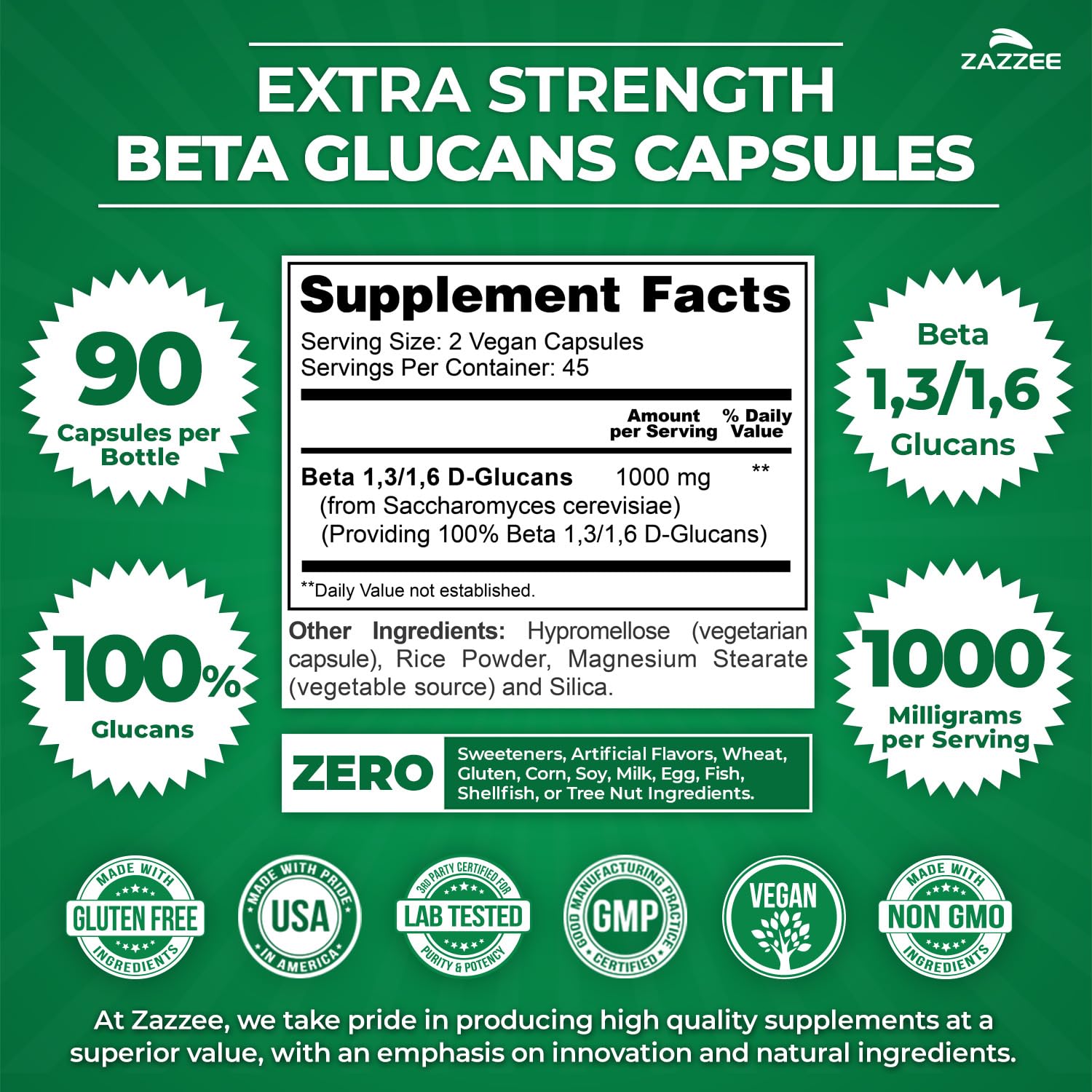 Zazzee Extra Strength 1,3/1,6 Beta Glucans, 1000 mg, 100% Concentrated, 90 Vegan Capsules, Supports a Healthy Immune System, 100% Vegetarian, All-Natural and Non-GMO ZazzeeBuy Supplements Australia