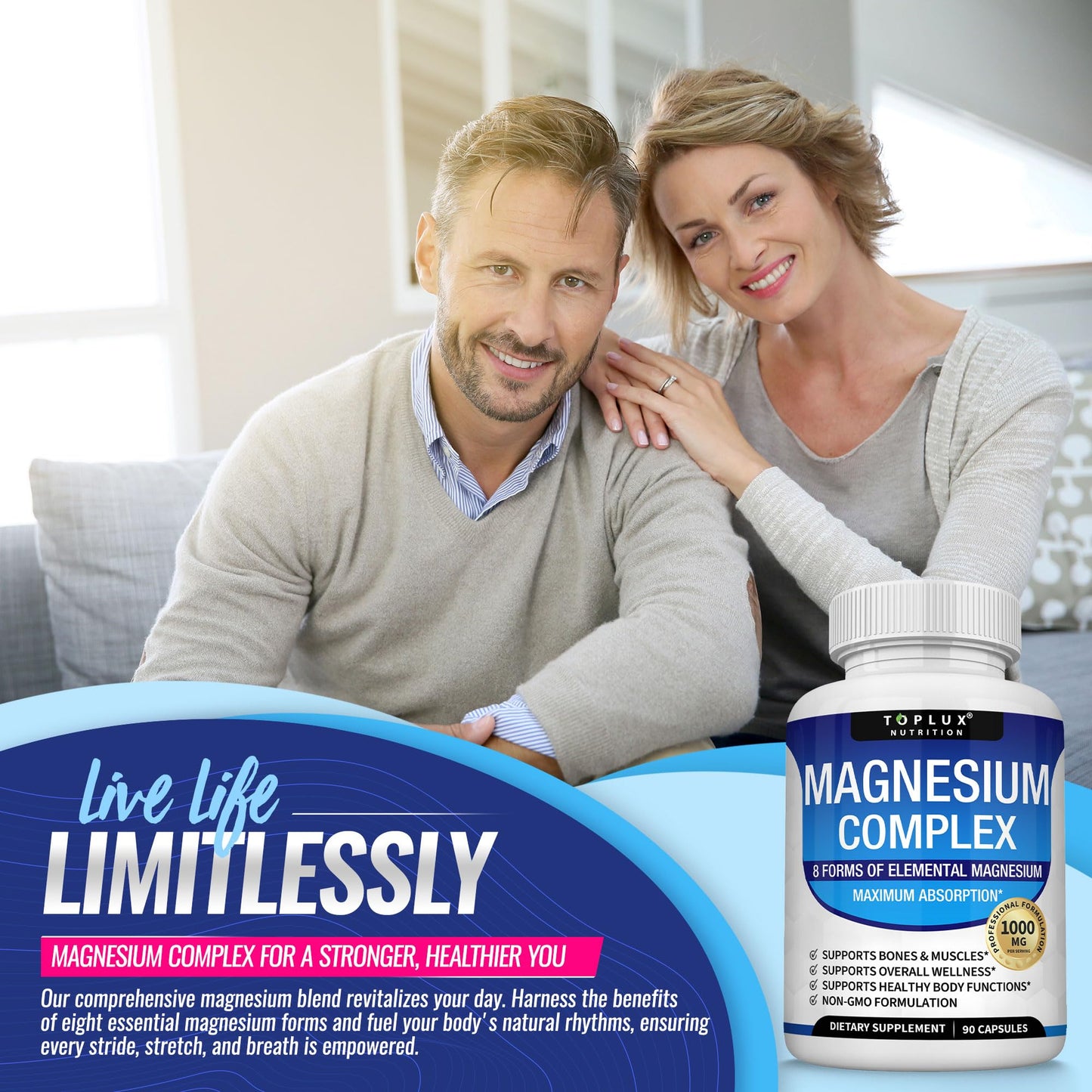 Magnesium Complex Supplement 8 Elemental 1000mg - Magnesium Glycinate, Citrate, Malate, Taurate, Chelated for Easy Absorption for Bones