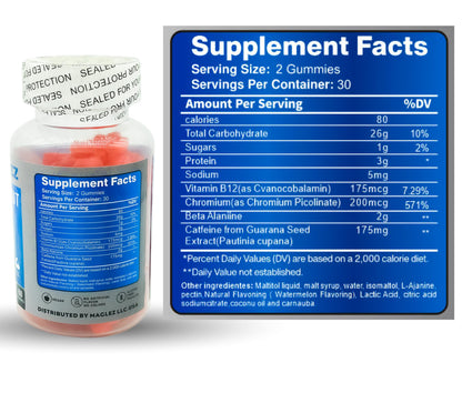 Maglez, Pre Workout Gummies for Men & Women, PreWorkout Gummy with Beta Alanine | Organic Caffeine | Chromium Picolinate | Gluten free, Vegan, increased energy, faster metabolism & recovery (60 gummy)