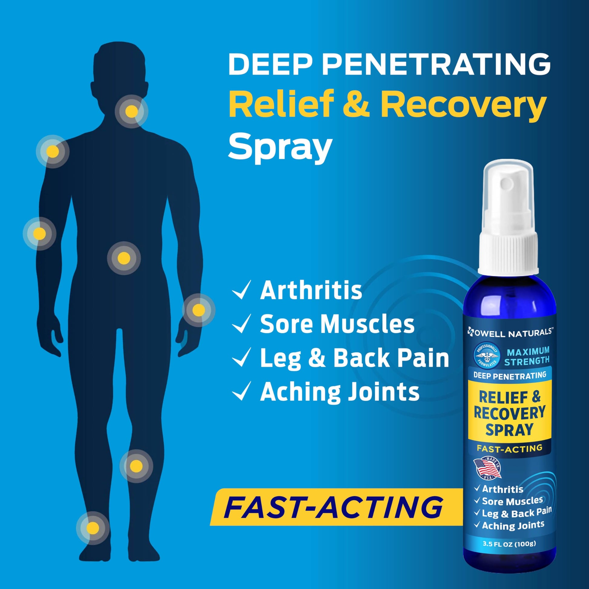 OWELL NATURALS Deep Penetrating Pain Relief Liquid Spray, Fast-Acting, Long Lasting, Natural Relief for Muscle Aches, Joint Pain, Stiffness, Quick Dry Formula, 3.5 oz Owell NaturalsBuy Supplements Australia
