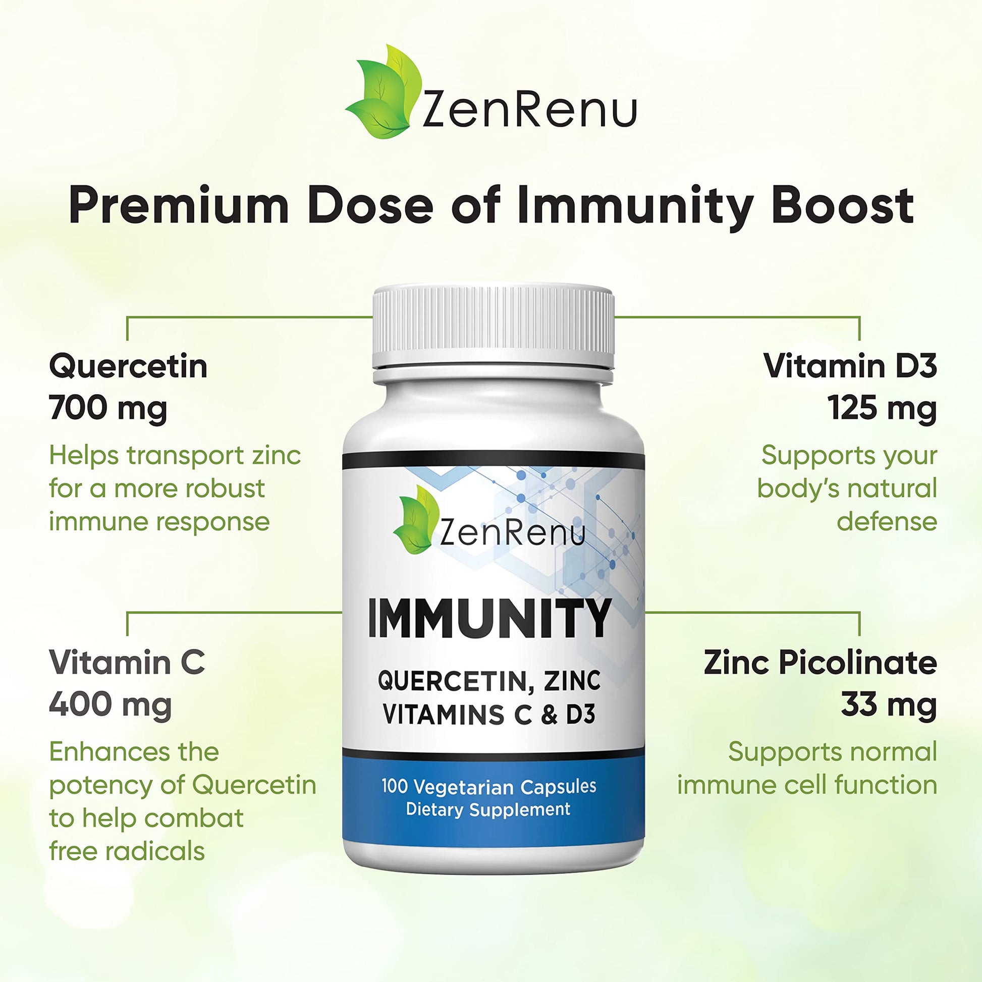 Zenrenu Immunity Quercetin 700 mg Zinc Vitamin C Vitamin D Immune Support Supplement with Curcumin - Easy to Absorb Immunity Supplement, 100 Vegetarian Capsules 50 Day Supply ZenrenuBuy Supplements Australia