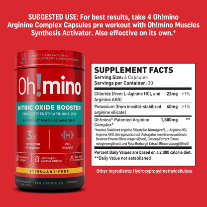 Oh!mino Nitric Oxide Supplement Activator Booster, Triple Strength L-Arginine for Energy, Endurance, Muscle Growth Builder, Pre Post Workout Pills - Natural Beet Root Powder, 30 Servings 120 Capsules