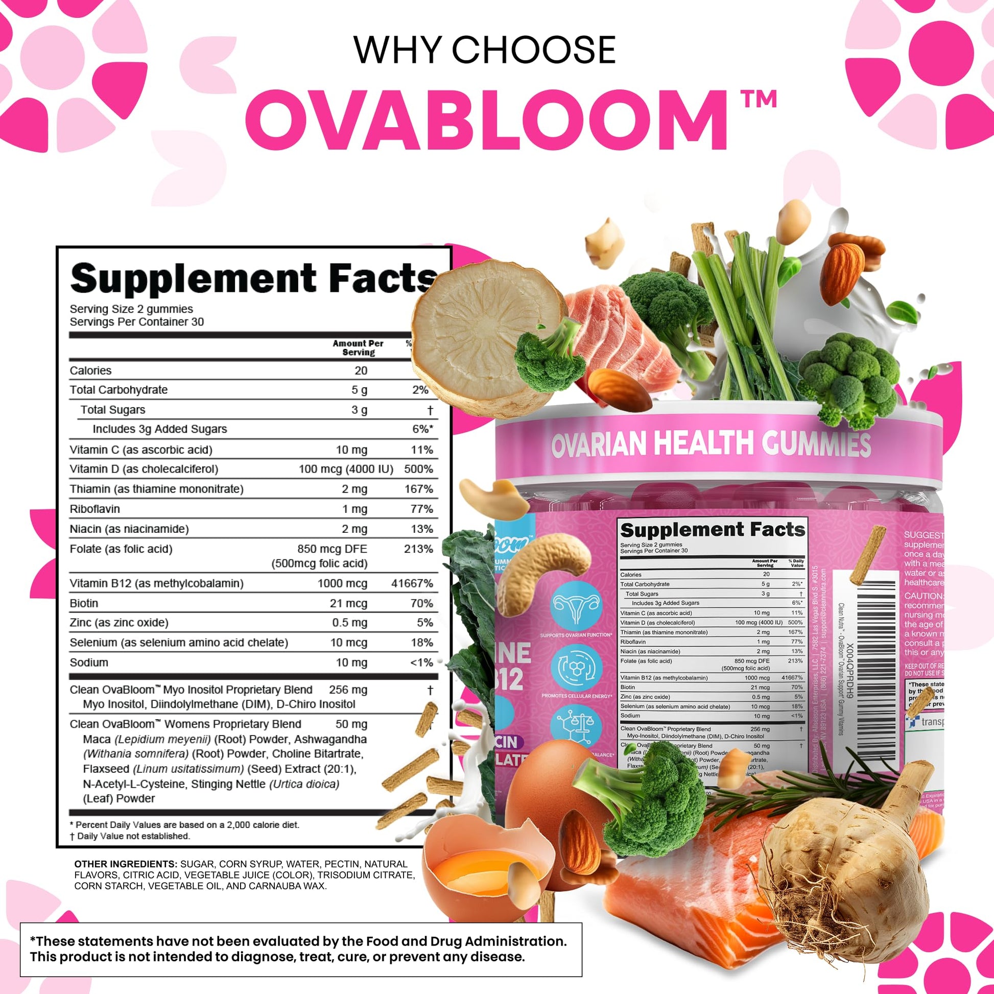 OVA Bloom Ovarian Support Gummies Myo Inositol D-Chiro Inositol Choline Flax Biotin Riboflavin Thiamin Niacin Ashwagandha DIM Maca Root Vitamin C D3 B12 Zinc 60 Count By Clean Nutra Clean NutraceuticalsBuy Supplements Australia