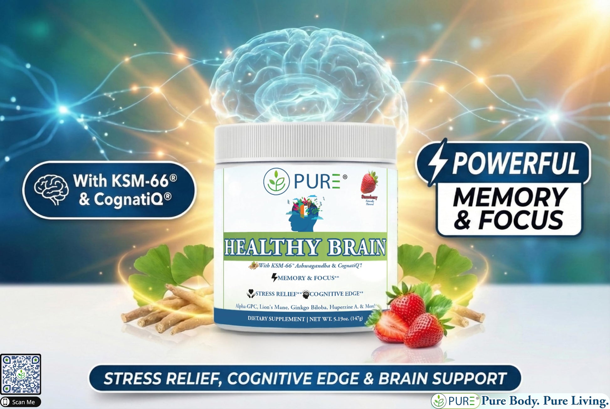 PURE® Healthy Brain Nootropic Powder - 30 Servings - 1.25g Lion’s Mane, 600mg Alpha-GPC & KSM-66® Ashwagandha - Cognitive Support for Memory, Focus & Stress Relief - 147 Grams, Strawberry Flavor! PUREBuy Supplements Australia