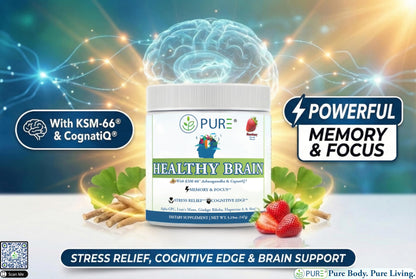 PURE® Healthy Brain Nootropic Powder - 30 Servings - 1.25g Lion’s Mane, 600mg Alpha-GPC & KSM-66® Ashwagandha - Cognitive Support for Memory, Focus & Stress Relief - 147 Grams, Strawberry Flavor! PUREBuy Supplements Australia