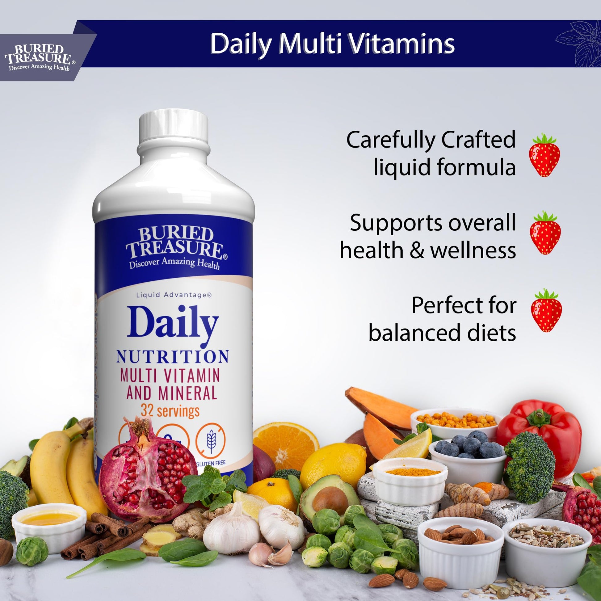Buried Treasure Daily Nutrition Liquid Multivitamin and Mineral Supplement with Trace Minerals, Superfoods, Vitamin A, B-Complex, C, D, E, Methylfolate, Biotin, Magnesium, Zinc, Resveratrol, 32 serv Buried TreasureBuy Supplements Australia