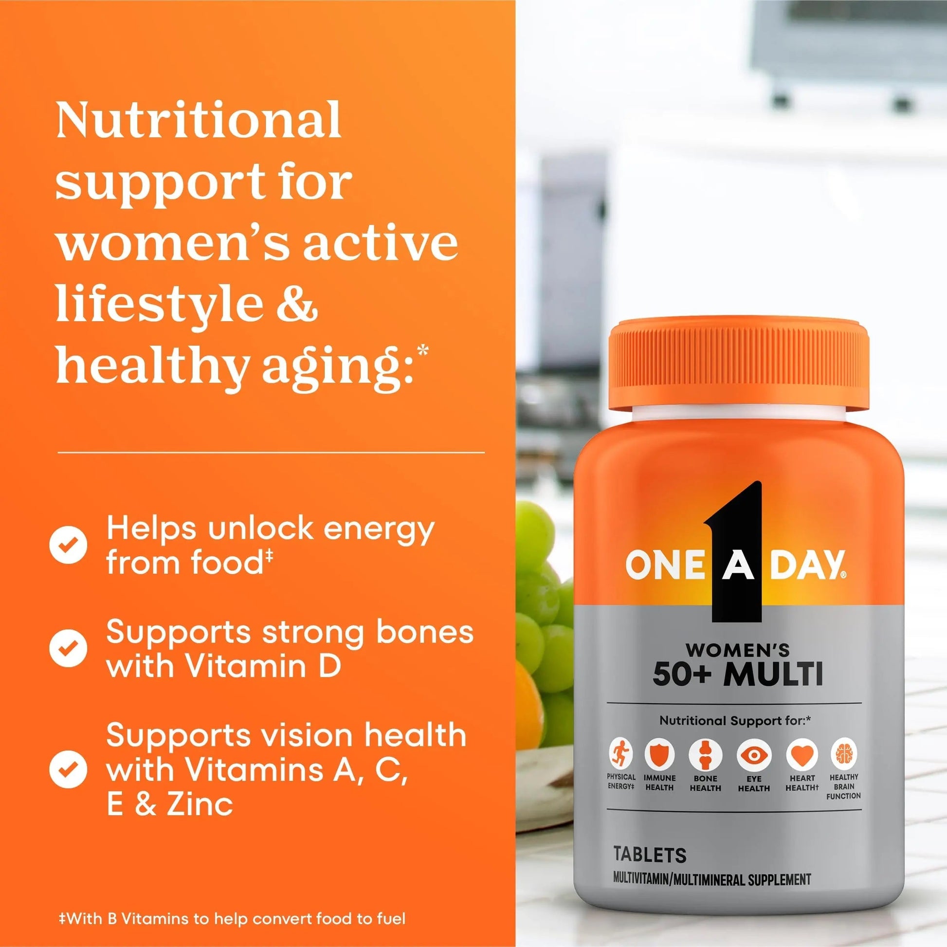 One A Day Multivitamin for Women 50 and Over Tablets, Womens Multivitamin 50 plus with Vitamins D, C, E, Zinc & Biotin, Daily Vitamins for Woman 50+, 65 Ct ONE A DAY