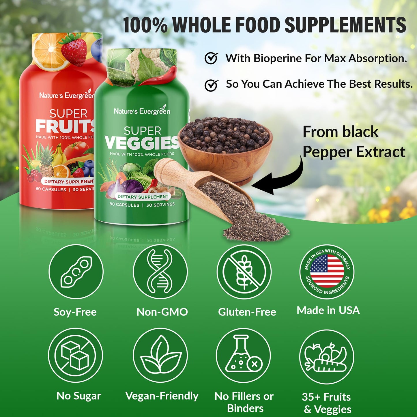 Fruits and Veggies Supplement - Nature Fruits and Vegetables Supplements - Vegan, Non GMO, Soy Free, Superfood Vitamins & Minerals Nutritional Balance - (Total 180 Capsules - Pack of 2) Made in USA Nature's EvergreenBuy Supplements Australia