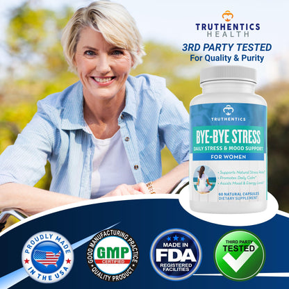 TRUTHENTICS Bye-Bye Stress - Stress & Mood Support Supplement for Women with Ashwagandha, GABA, Lemon Balm, L-Theanin & Vitamin B Complex - Vegan - 60 Capsules TRUTHENTICSBuy Supplements Australia