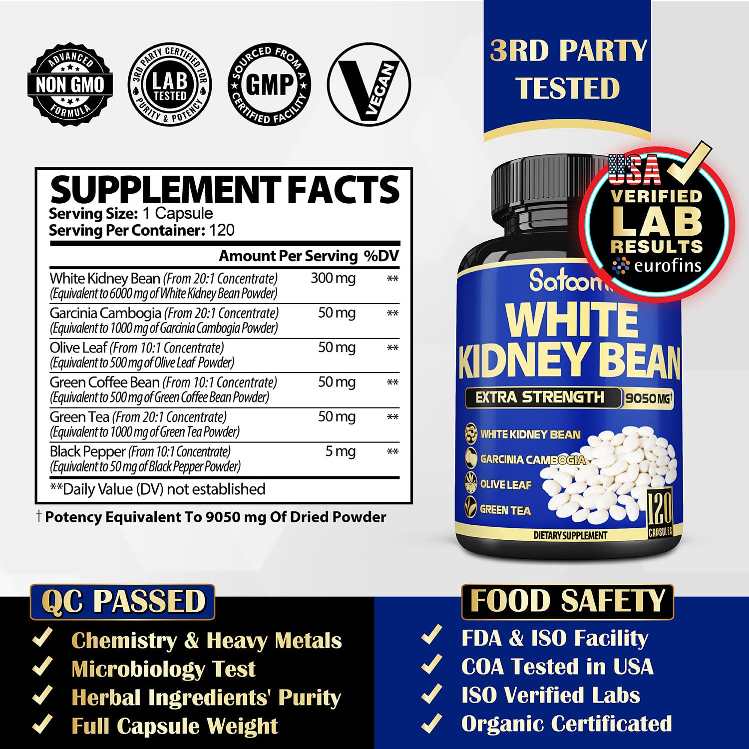 6in1 White Kidney Bean Extract Capsules 9050 Mg - with Garcinia Cambogia, Olive Leaf SatoomiBuy Supplements Australia