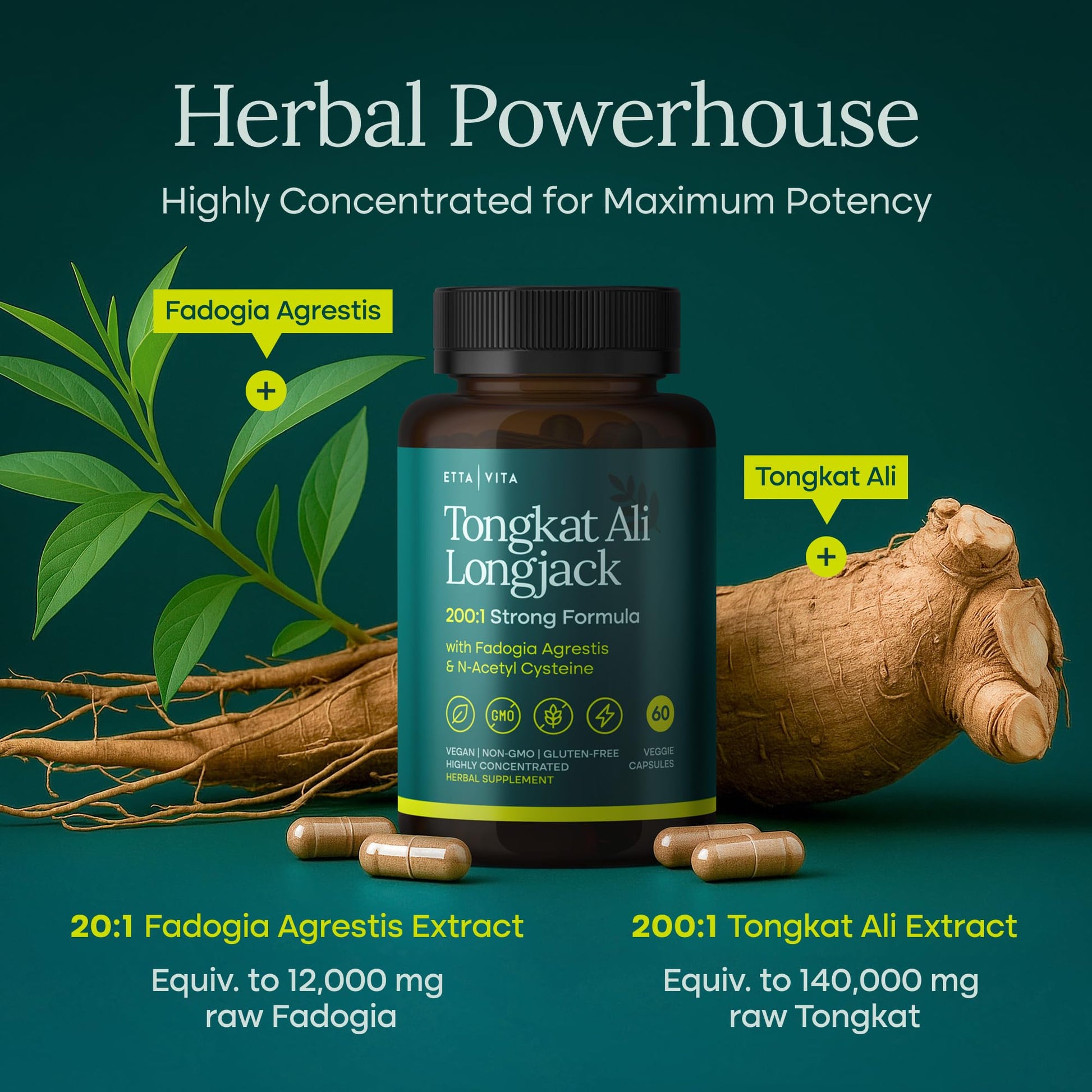 Potent Longjack - Tongkat Ali & Fadogia Agrestis Supplement for Men & Womens Energy, T Support, Lean Muscle Growth & Recovery, Hormonal Balance, Pre-Workout with Vegan NAC Liver Detox & Cleanse Etta VitaBuy Supplements Australia