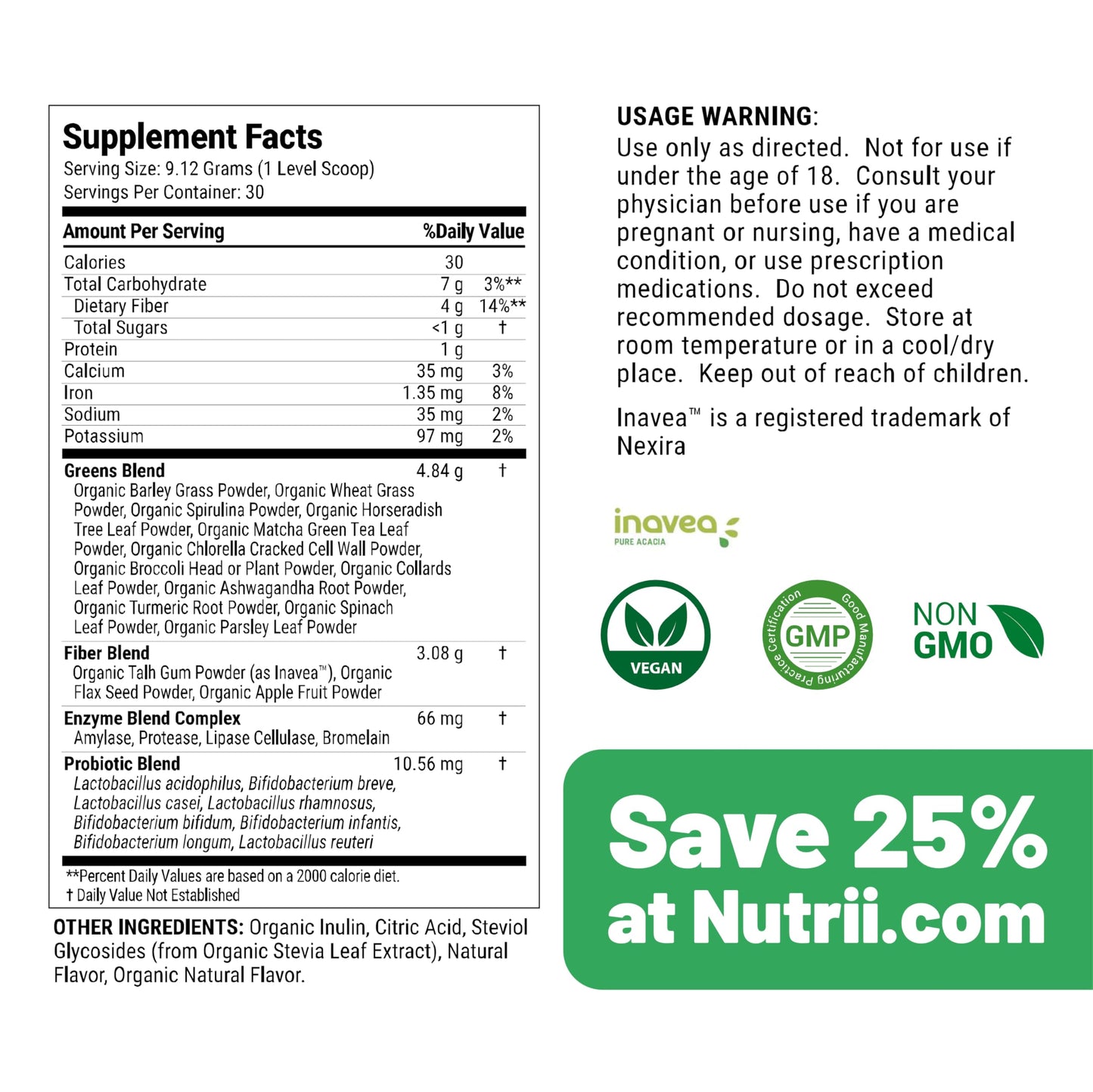 Nutrii Organic Green Immunity Superfood Powder - Soothes Digestion, Boosts Healthy Vitality and Energy. Fast Acting Formula with Probiotics, Enzymes, Turmeric and Ashwagandha (30 Servings Lemon-Mint) NutriiBuy Supplements Australia