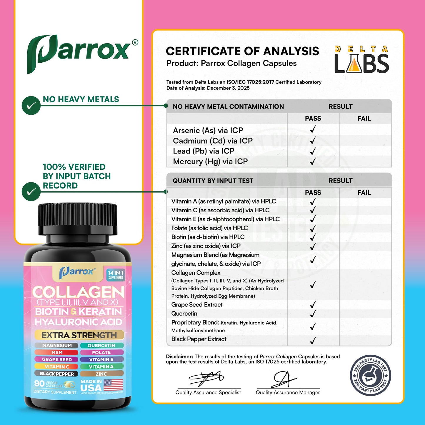 Parrox Collagen Peptides Types I, II, III, V & X, MCG Biotin, Keratin, Hyaluronic Acid, MSM, Zinc, Grape Seed Extract, Quercetin, Vitamin A, Vitamin C,