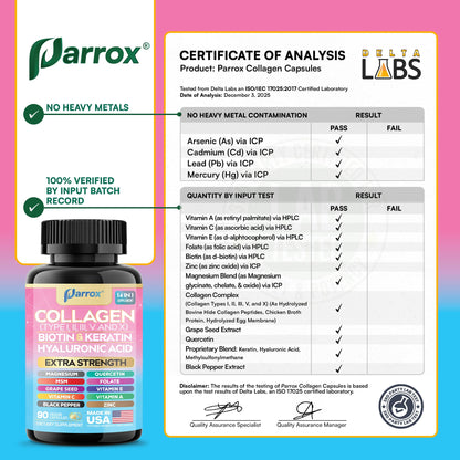 Parrox Collagen Peptides Types I, II, III, V & X, MCG Biotin, Keratin, Hyaluronic Acid, MSM, Zinc, Grape Seed Extract, Quercetin, Vitamin A, Vitamin C,