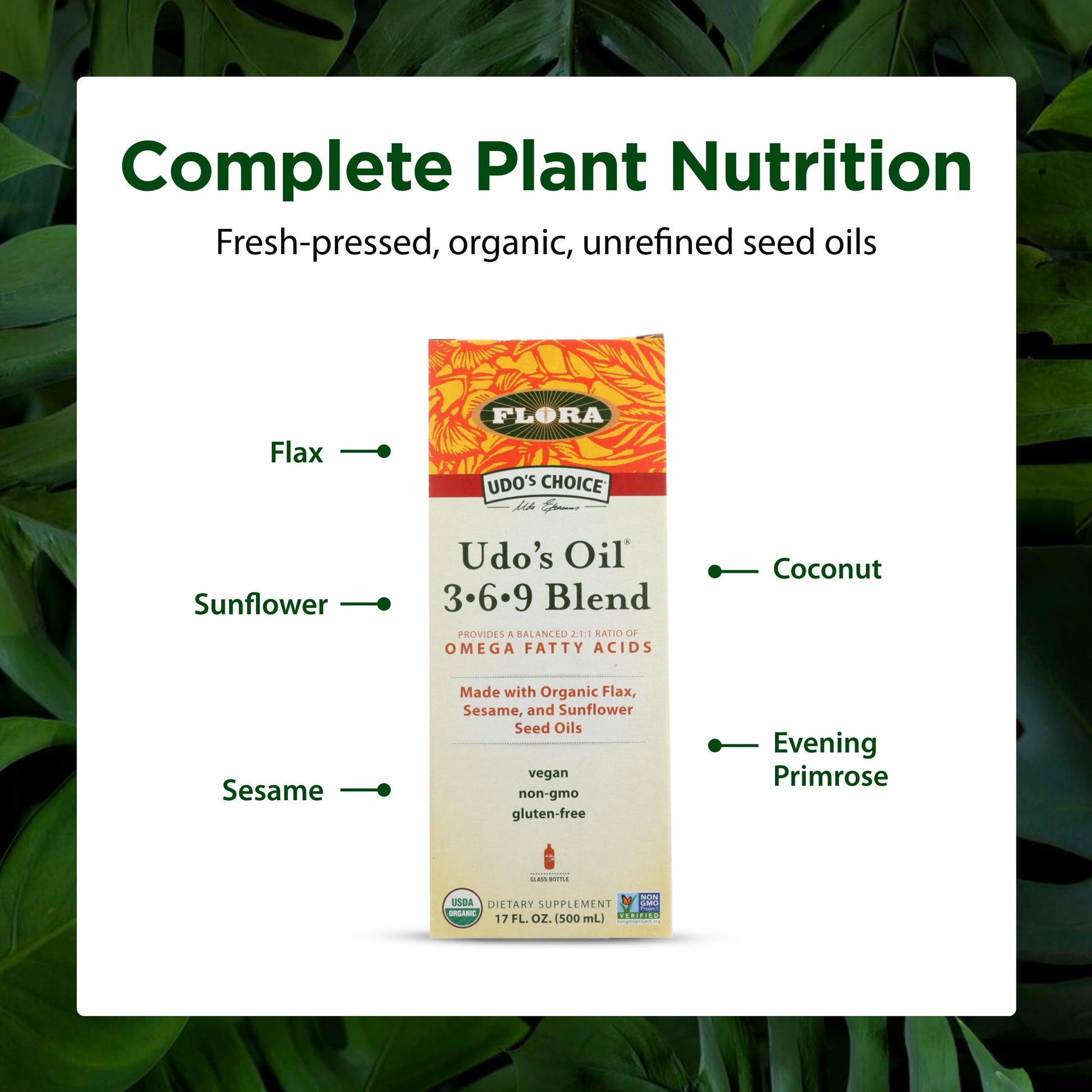 Flora - Udo's Choice Omega 369 Oil Blend, Made with Organic Flax, Sesame & Sunflower Seed Oils, Plant-Based Vegan Omega Fatty Acids, Based on Ideal 2:1:1 Ratio, 17-fl, oz. Glass Bottle FloraBuy Supplements Australia