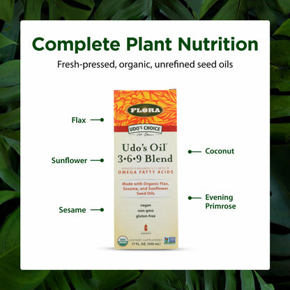Flora - Udo's Choice Omega 369 Oil Blend, Made with Organic Flax, Sesame & Sunflower Seed Oils, Plant-Based Vegan Omega Fatty Acids, Based on Ideal 2:1:1 Ratio, 17-fl, oz. Glass Bottle FloraBuy Supplements Australia