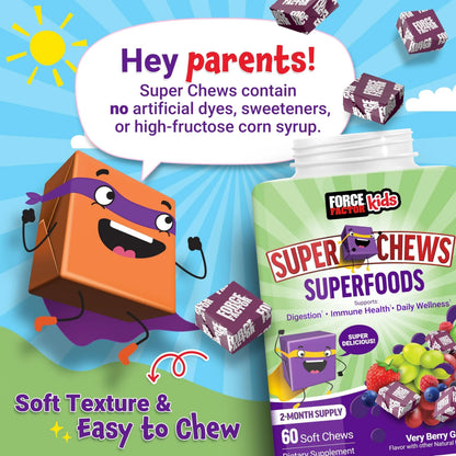 Force Factor Kids Superfood Super Chews, Kids Vitamins C & D, Immune Support Supplement with Antioxidant Support from Powdered Fruits & Veggies Force Factor