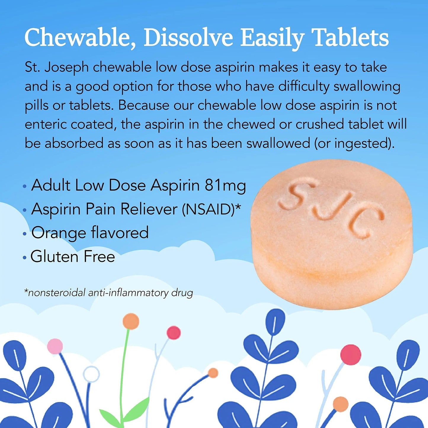 St. Joseph Aspirin Pain Reliever (NSAID) 81mg, Chewable Orange Tablets Adult Low Dose Regimen , 108 ct (3 x 36 ct Tablets per Bottle) St. JosephBuy Supplements Australia