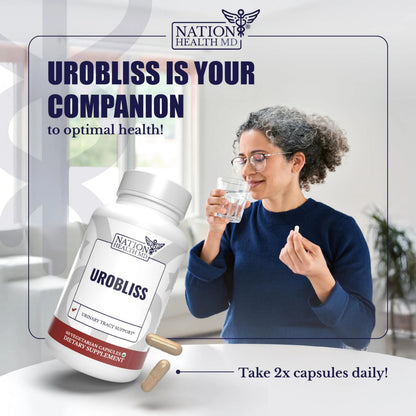 NATION HEALTH MD UroBliss Formula for Urinary Tract Support - D Mannose 1000mg Capsules with Cranberry Extract for Feminine Care and UTI-Health, 60 Capsules NATION HEALTH MDBuy Supplements Australia