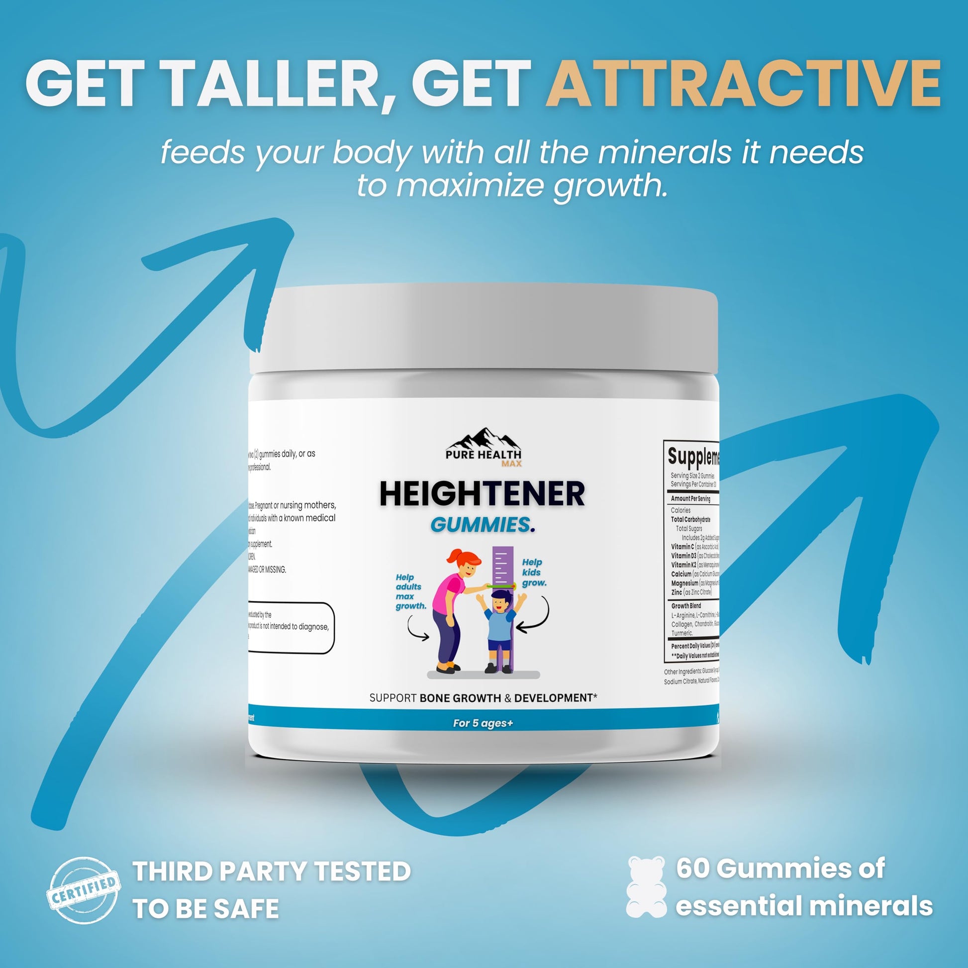Heightener Gummies - Natural Height Growth Supplement for Kids, Teens and Adults to Increase Bone Strength and Grow Tall | Height Maximizer Pills with L-Arginine, Calcium & Zinc | 60 Gummy PURE HEALTH MAXBuy Supplements Australia