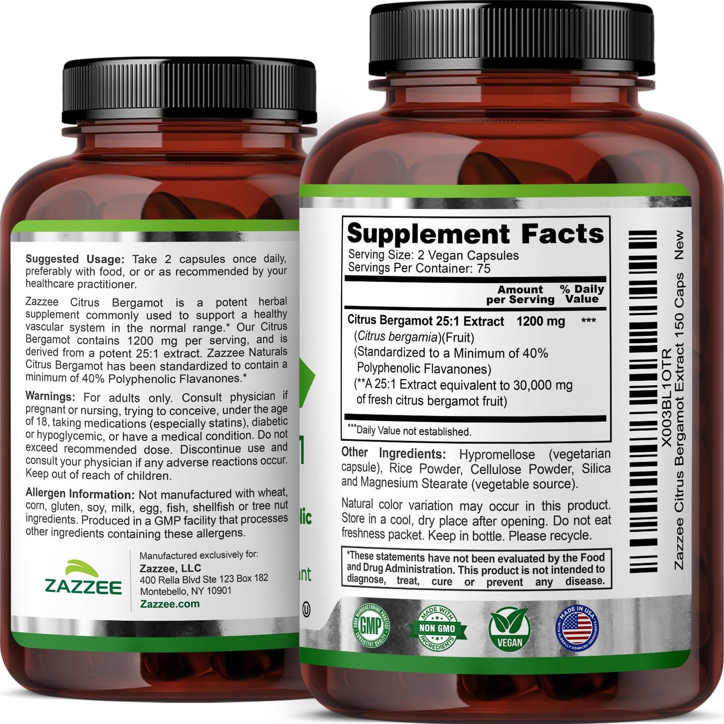 Zazzee Citrus Bergamot 25:1 Extract, 1200 mg Per Serving, 40% Polyphenolic Flavanones, 150 Vegan Capsules, 5 Month Supply, Citrus Bergamia, Antioxidant Support, Certified Kosher, Non-GMO, Made in USA ZazzeeBuy Supplements Australia