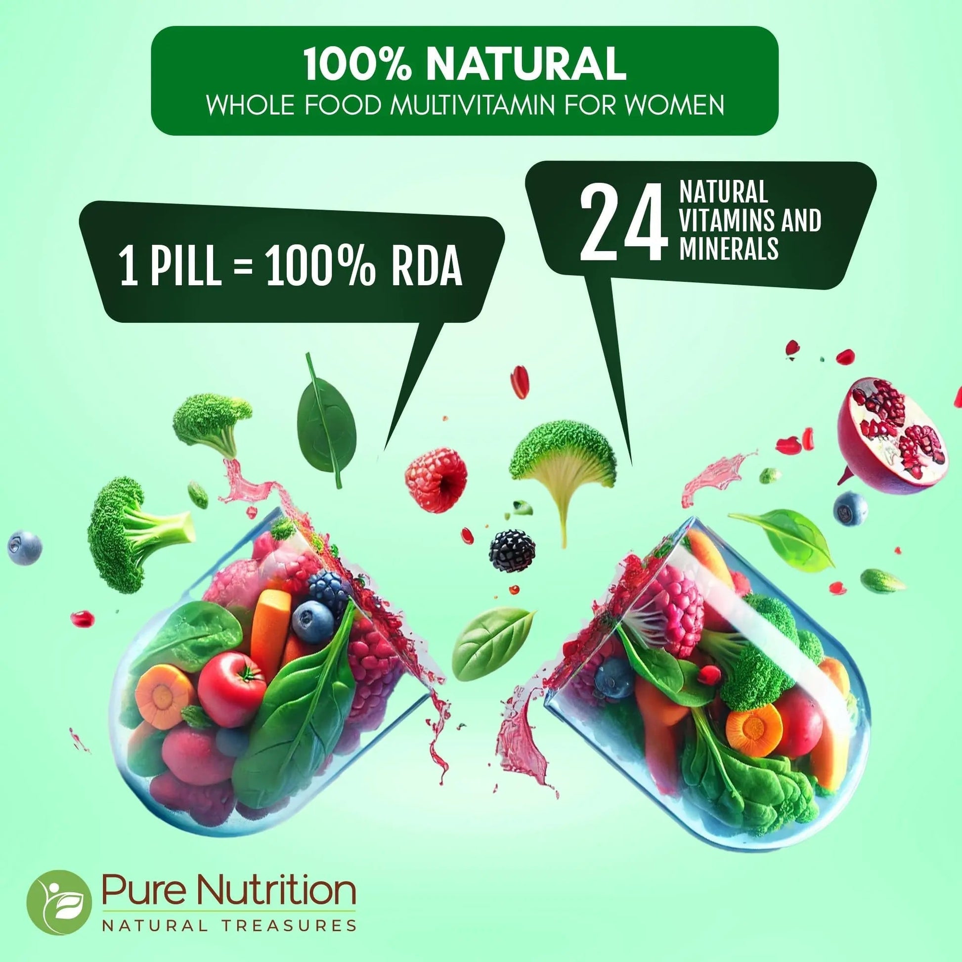 Pure Nutrition Whole Food Multivitamin for Women | 60 Tabs | One-A-Day | 100% RDA | 24 Natural Vitamins and Minerals | PURE NUTRITION NATURAL TREASURES