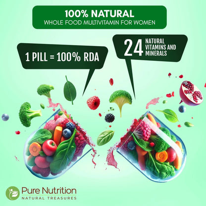 Pure Nutrition Whole Food Multivitamin for Women | 60 Tabs | One-A-Day | 100% RDA | 24 Natural Vitamins and Minerals | PURE NUTRITION NATURAL TREASURES