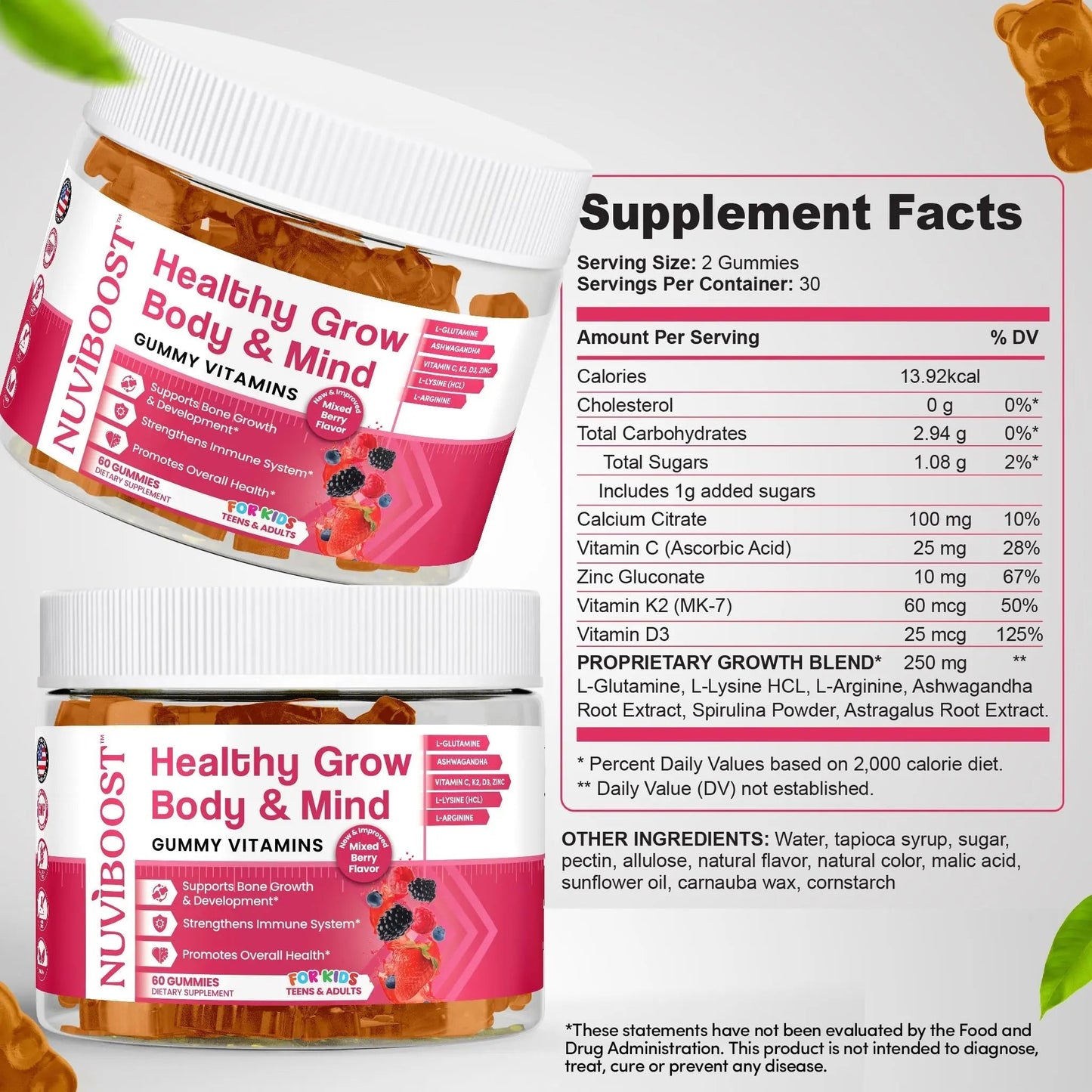 NUVIBOOST Healthy Grow Height Growth Gummies Rich in Calcium, Vitamins C, D3, K2, L-Arginine, Ashwagandha, and Others NUVIBOOST