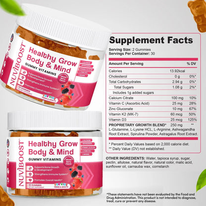 NUVIBOOST Healthy Grow Height Growth Gummies Rich in Calcium, Vitamins C, D3, K2, L-Arginine, Ashwagandha, and Others NUVIBOOST