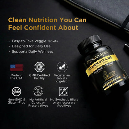 Nutri Apex Vitamin B12 & D3 Sublingual Tablets - 2500 mcg B12 & 125 mcg (5000 IU) D3 - Highly Bioavailable for Energy, Mood & Bone Health - Lab-Tested Nutri ApexBuy Supplements Australia