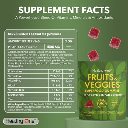 Fruits & Veggies Sugar-Free Gummies - 27 Whole Foods - Equals 3 Servings of Fruits & Vegetables - Improve Energy, Focus & Immune Function - Fiber - Antioxidants - Organic Ingredients - 14 Packets Healthy OneBuy Supplements Australia