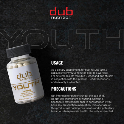Dub Nutrition Youth - Formula with Acai, Resveratrol, Curcumin, Vitamins A, C, D, E, B12, and CoQ10 - Supports Immunity and Mobility - 90 Capsules Dub NutritionBuy Supplements Australia