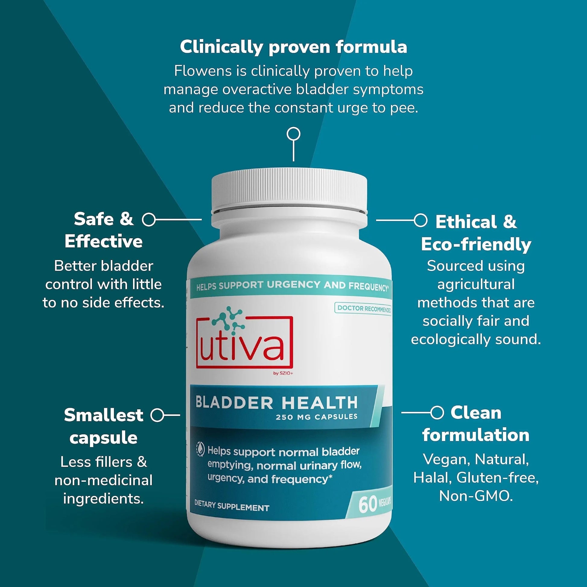 Szio+ Utiva Bladder Health - Control Supplement for Overactive Bladder and Lower Urinary Tract Health - Clinically Proven to Reduce Frequency and Urgency - 60 Capsules Szio+Buy Supplements Australia
