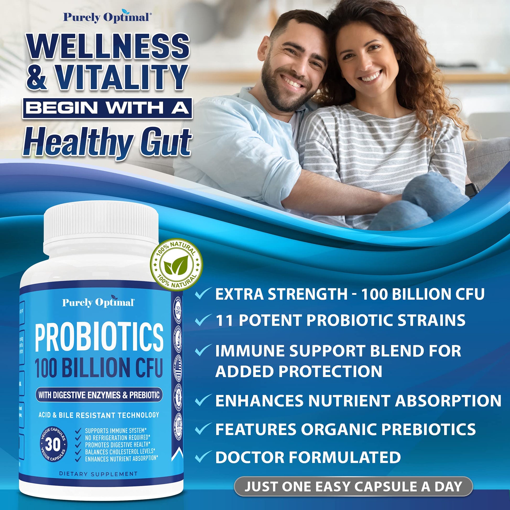 Purely Optimal Premium Probiotics 100 Billion CFU w/Digestive Enzymes Purely OptimalBuy Supplements Australia