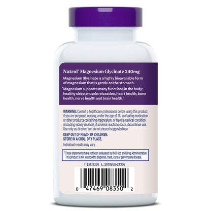 Natrol Magnesium Glycinate Supplements 240 mg - High Absorption - Calm Magnesium Glycinate for Sleep - 60 Capsules, 30 Day Supply NatrolBuy Supplements Australia