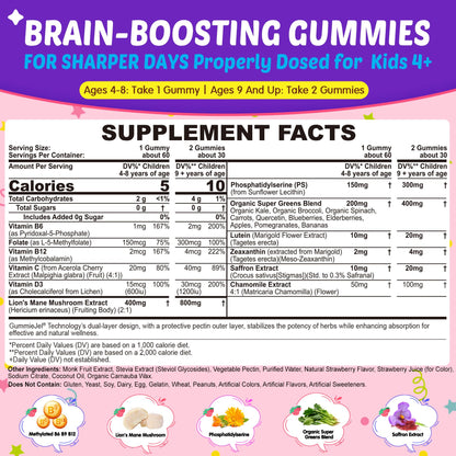 Kids Brain Gummies with Lion's Mane Mushroom, Methyl B6, B9, B12, Supper Greens, Lutein, Brain Booster Supplement for Focus & Attention, Cognitive Function, Vision & Energy, Sugar Free, Vegan 2 Pack NextdiaBuy Supplements Australia