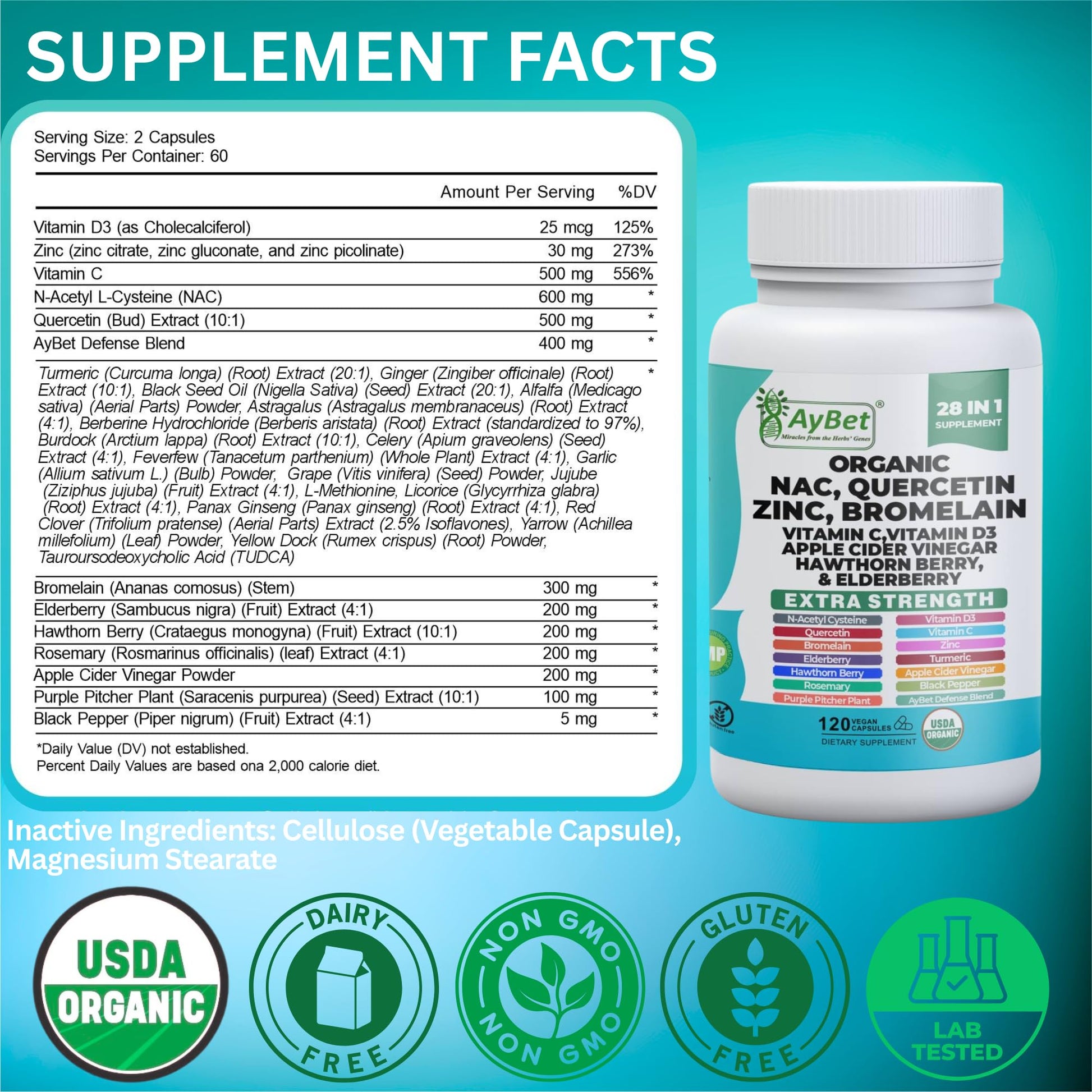 NAC-n-acetyl cysteine- Quercetin Zinc Bromelain Supplement | Extra Strength with Vit C, D3, Apple Cider Vinegar, Elderberry, Hawthorn Berry, Turmeric | Immune Support|120 Vegan Capsules | USDA Organic AyBetBuy Supplements Australia
