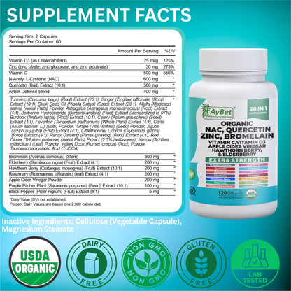 NAC-n-acetyl cysteine- Quercetin Zinc Bromelain Supplement | Extra Strength with Vit C, D3, Apple Cider Vinegar, Elderberry, Hawthorn Berry, Turmeric | Immune Support|120 Vegan Capsules | USDA Organic AyBetBuy Supplements Australia
