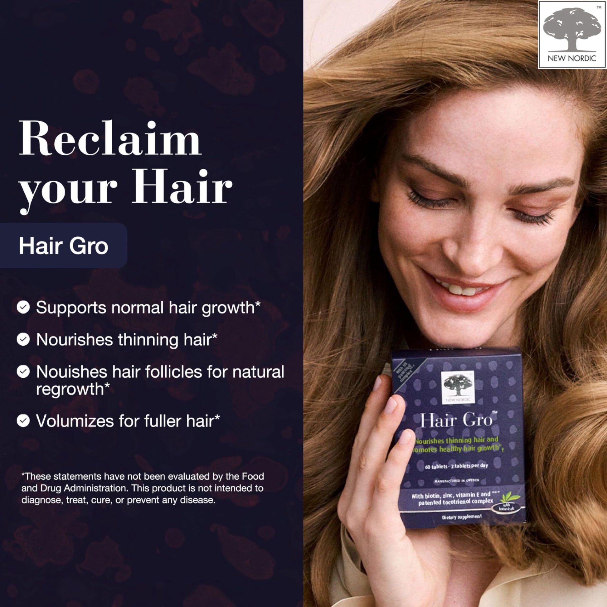 NEW NORDIC Hair GRO, Hair Growth Supplement, Biotin & Palm Fruit Extract Tocotrienols for Natural Regrowth, 60 Count (Pack of 3) NEW NORDICBuy Supplements Australia