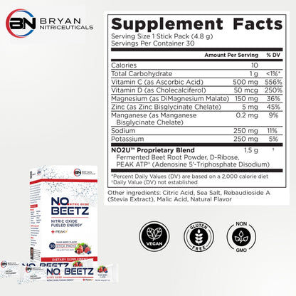 Bryan Nitriceuticals N.O. Beetz Nitric Oxide Fueled Energy Boost Supplement, Hydration & Cellular Energy Production Enhancer, Blend of Vitamins and Minerals (30 Servings) Bryan NitriceuticalsBuy Supplements Australia
