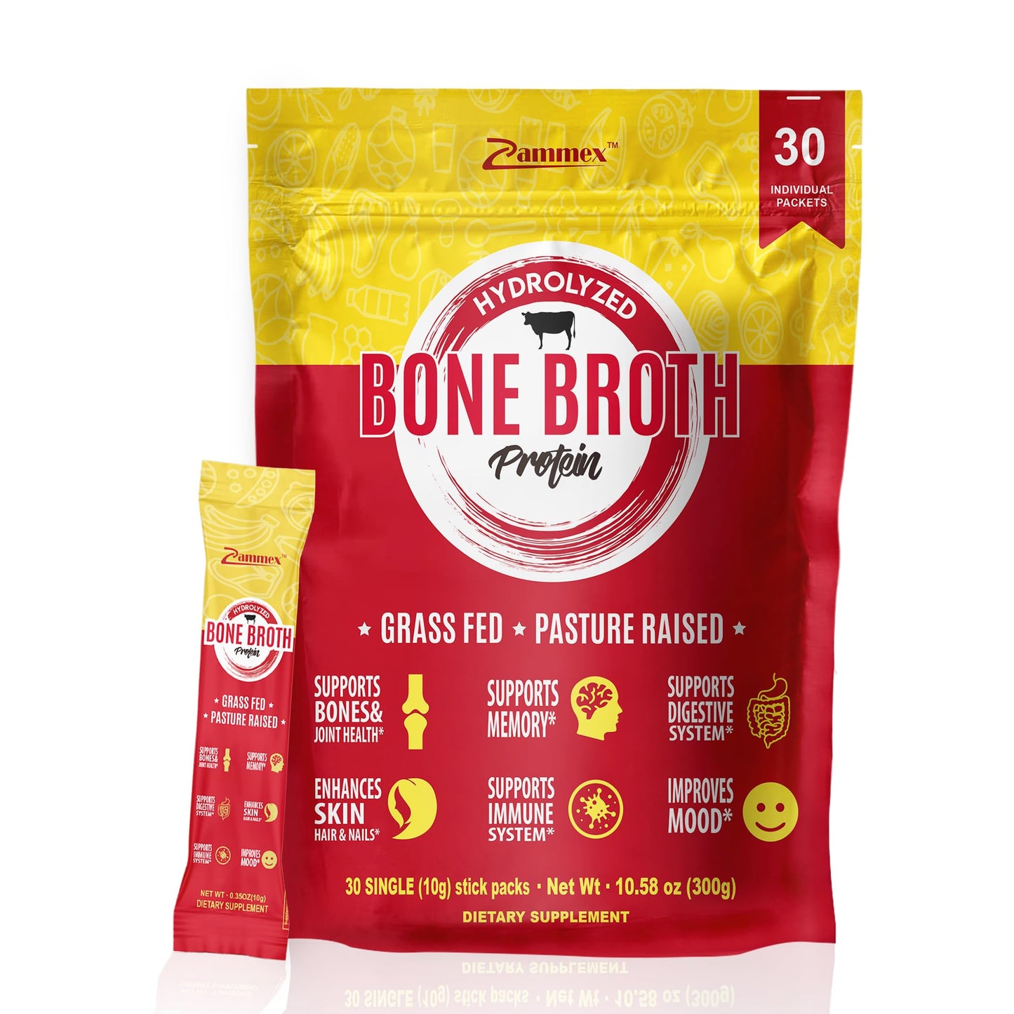 Zammex Bone Broth Packets-20g Collagen Protein-Beef Bone Broth Powder to Go-30 Travel