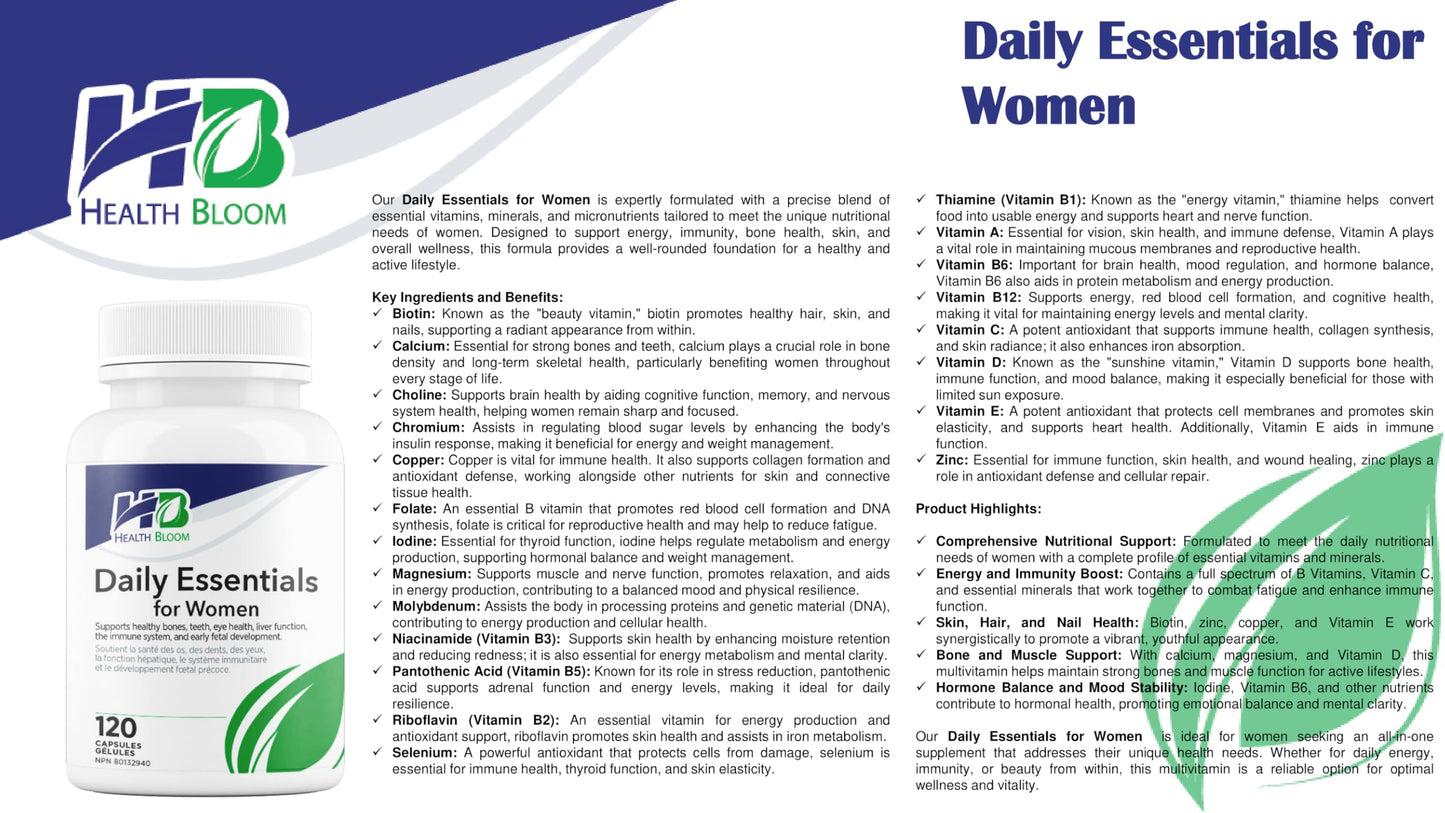 Daily Essentials for Women| 120 Capsules | Health Bloom | Vitamins and Minerals Capsules | Health Bloom Inc.Buy Supplements Australia