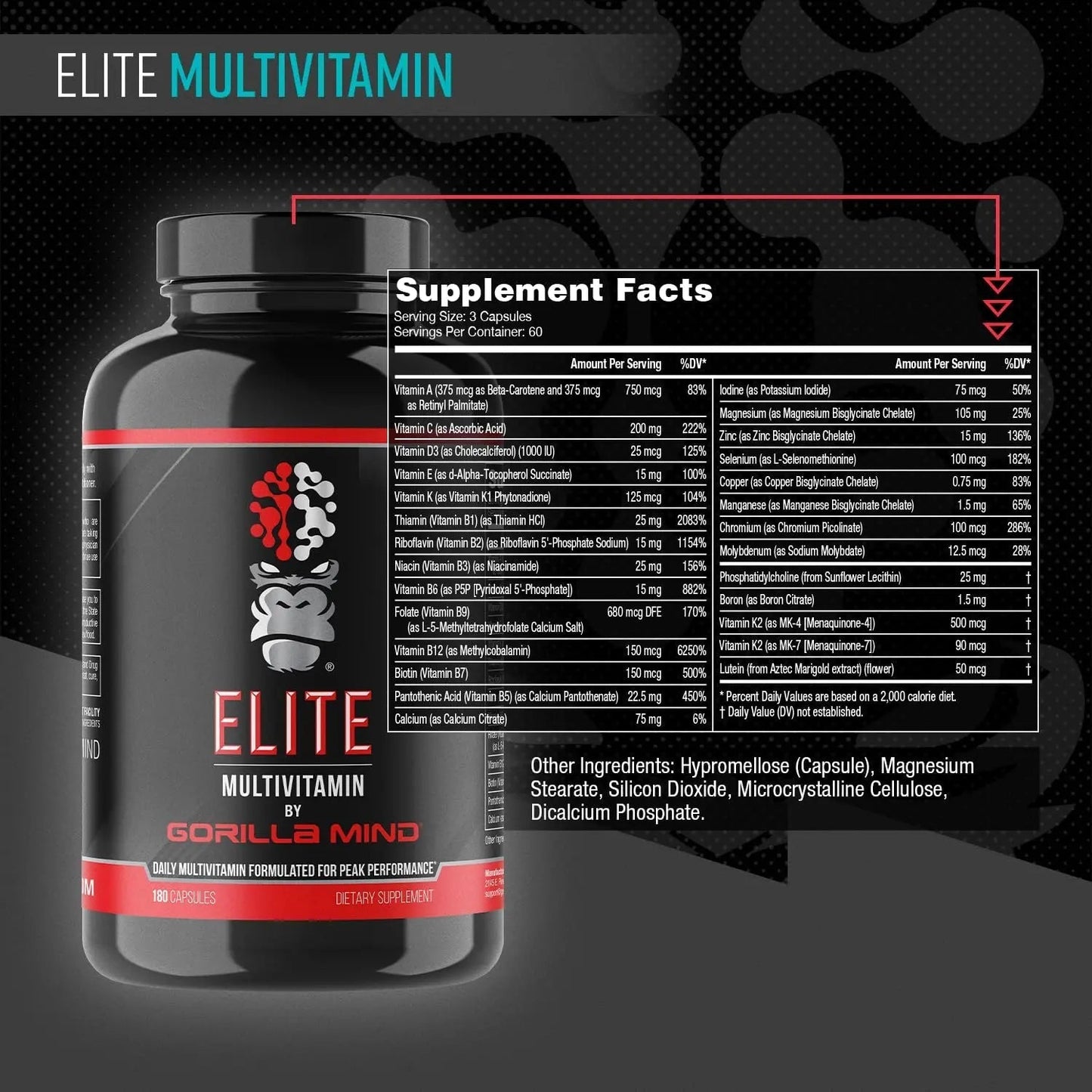 Gorilla Mind Elite Multi-Vitamin (180 Capsules) – Daily Multivitamin Formulated for Peak Performance | 27 Nutrients to Backfill Micronutrient Shortcomings Gorilla Mind