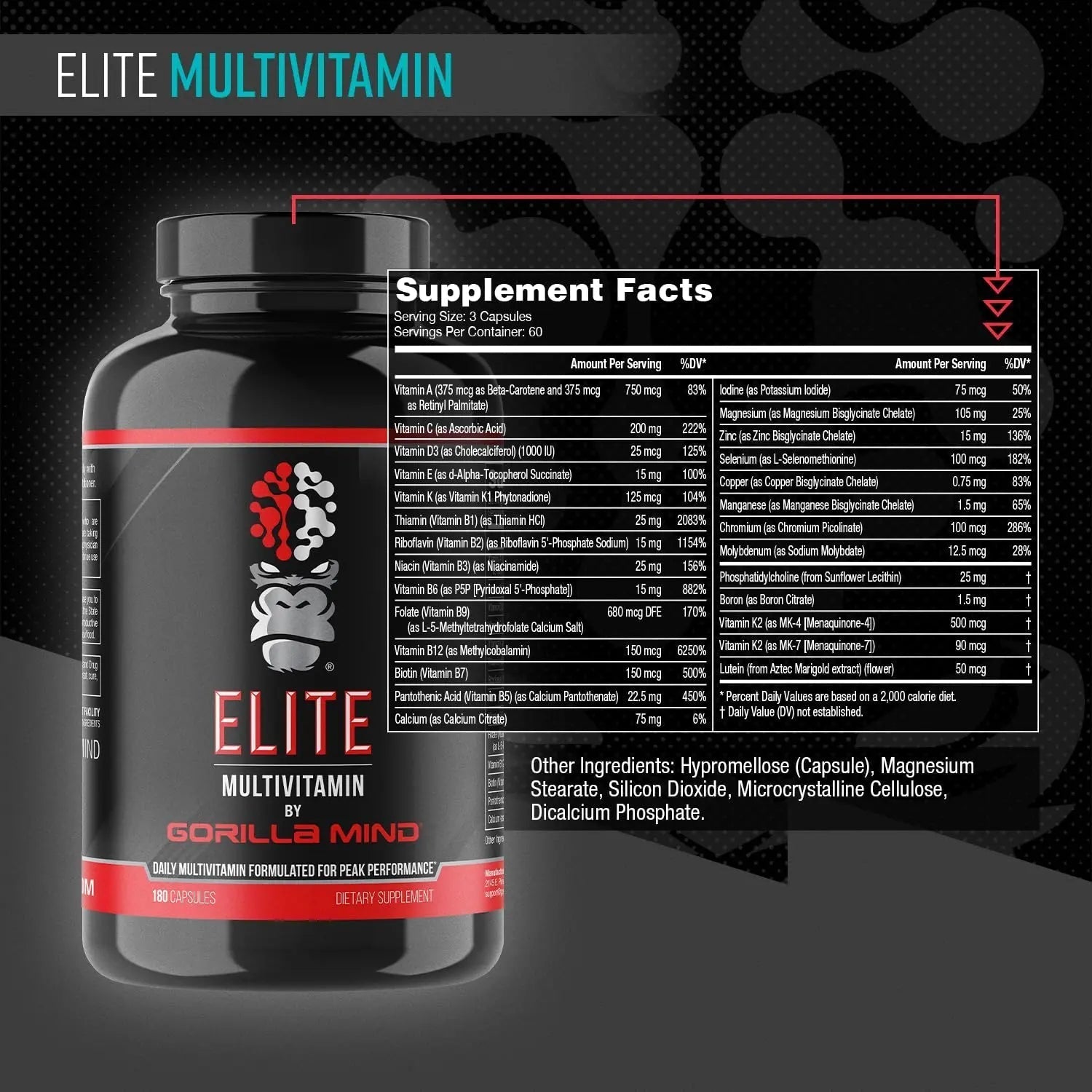 Gorilla Mind Elite Multi-Vitamin (180 Capsules) – Daily Multivitamin Formulated for Peak Performance | 27 Nutrients to Backfill Micronutrient Shortcomings Gorilla Mind