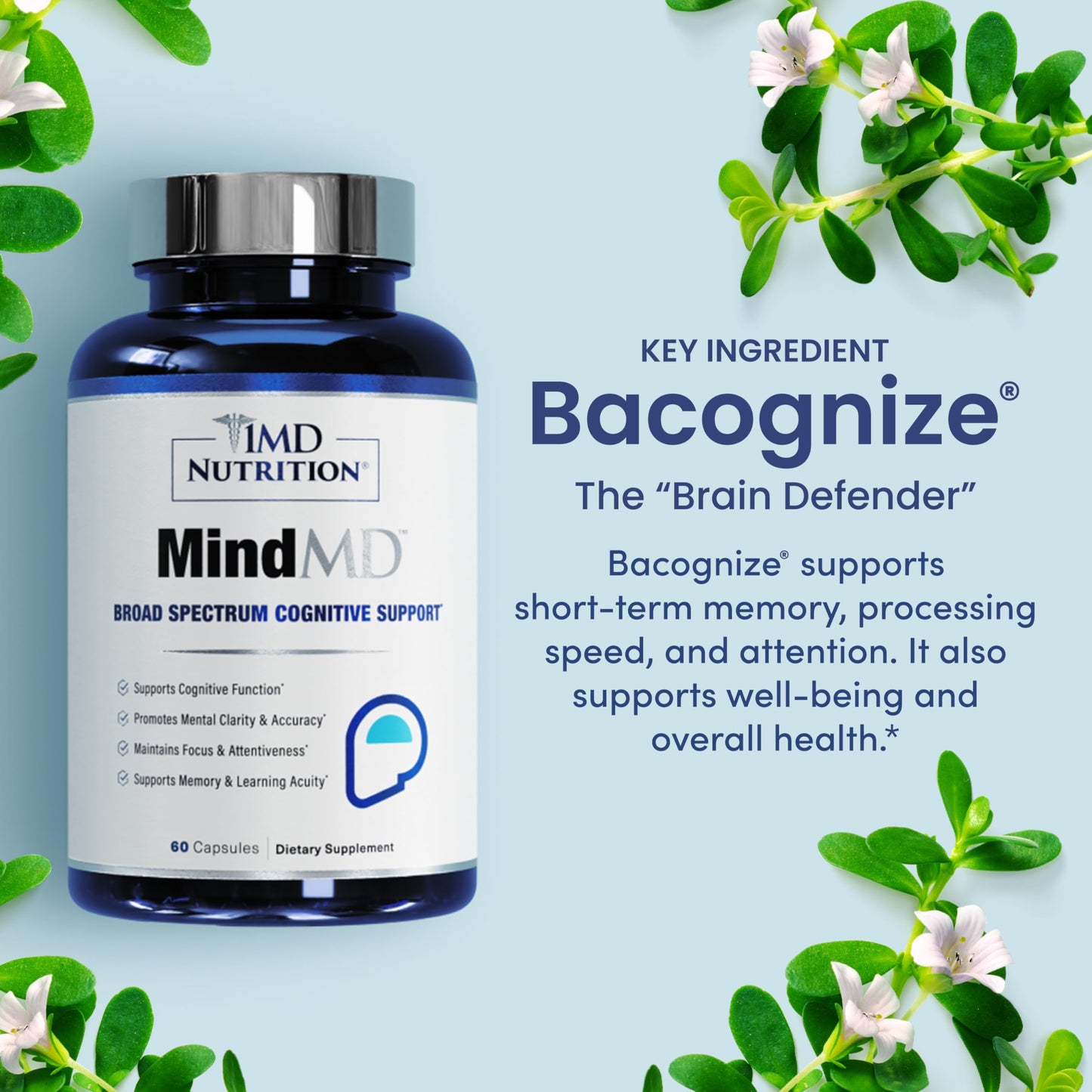 1MD Nutrition MindMD - Brain Supplement for Memory and Focus - Bacopa Monnieri for Nootropic Brain Support - Brain Health Supplement for Adults - with Vitamin B6 & Green Tea Extract - 60 Caps 1MD NutritionBuy Supplements Australia
