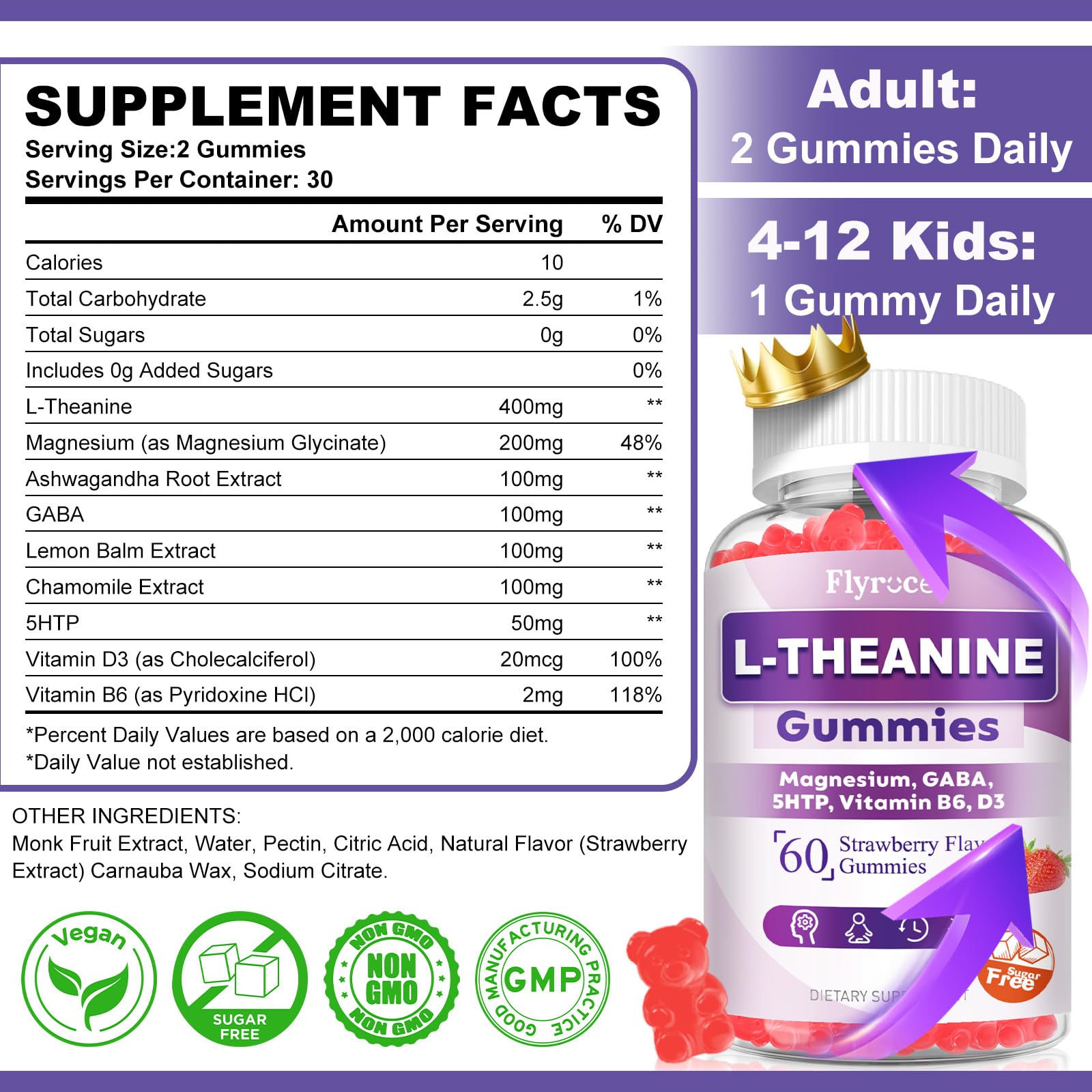 Sugar Free L-Theanine Gummies, L Theanine Supplement for Adults & Kids, L'Theanine with Ashwagandha, Magnesium, 5HTP & GABA - Support Calm, Relax, zzZ, Focus, Vegan Strawberry Flavor, 60 Count FlyrocerBuy Supplements Australia
