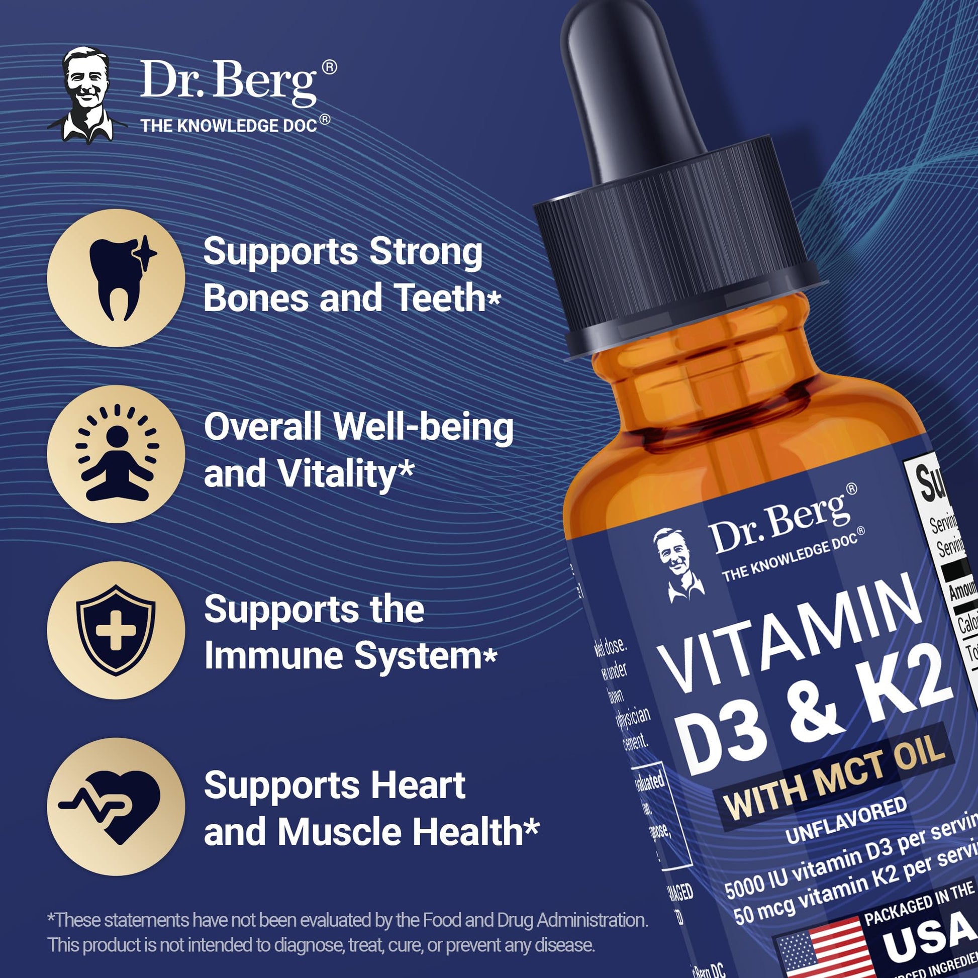 Dr. Berg Maximum Strength Vitamin D3 K2 Liquid Drops with MCT Oil – 5,000 IU Liquid Vitamin D3 with K2 – Supports Strong Bones, Heart, Energy, Immunity, and Overall Vitality* - Unflavored 1 Fl Oz Dr. Berg NutritionalsBuy Supplements Australia