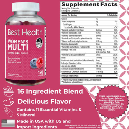Best Health Women’s Multivitamin Gummies, Multivitamin for Women with Biotin, Folic Acid, Vitamins A,C,D,E,Natural Mixed Berry Flavor (180ct) Best HealthBuy Supplements Australia