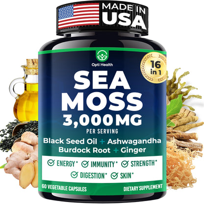 Sea Moss Black Seed Oil Ashwagandha Ginger - Advanced Irish Sea Moss Capsules All in One Supplement with Seamoss Black Seed Oil Ashwagandha Burdock Root Bladderwrack - Pills for Energy, Immune, Gut Opti HealthBuy Supplements Australia